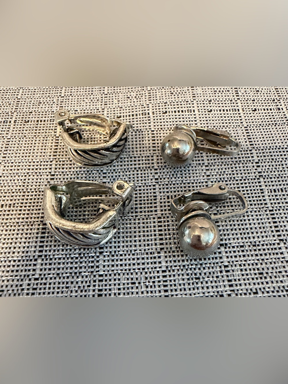 Silver Tone Clip-On Earrings Duo - Polished & Textured Styles